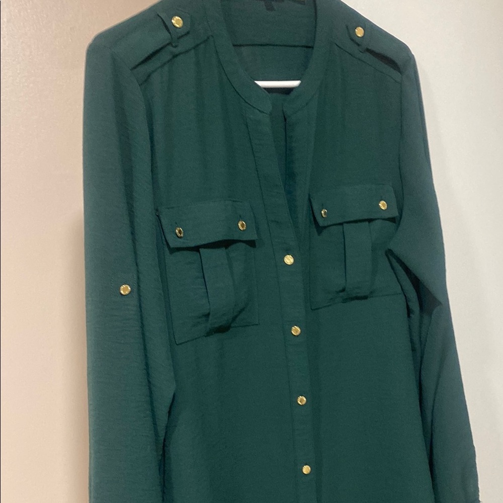 Dark Green Button-Up Blouse - Picture 2 of 3